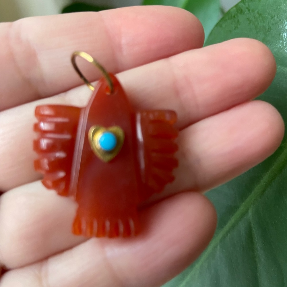 Tova Malibu - Carnelian With Turquoise Heart Bezel Thunderbird Pendant - Picture 7 of 11